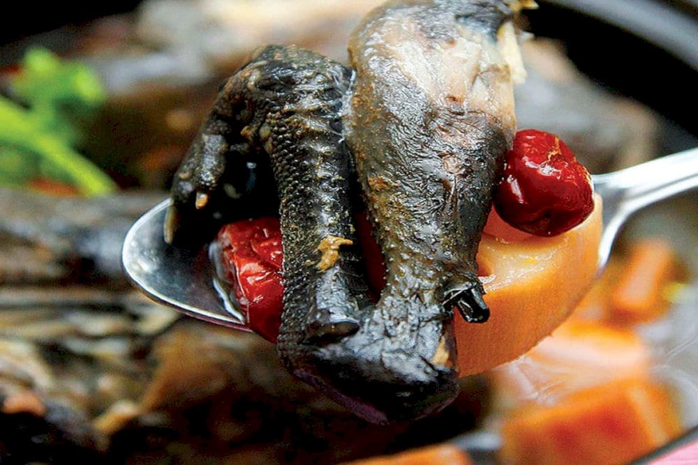 Grilled black chicken is usually served with a dipping sauce of lime, salt, and mac khen pepper